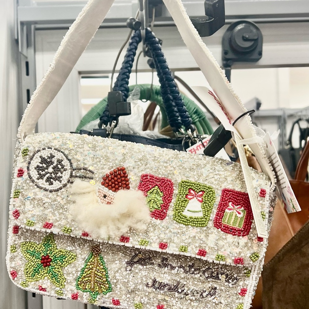 Festive Beaded Holiday Santa Shoulder Bag